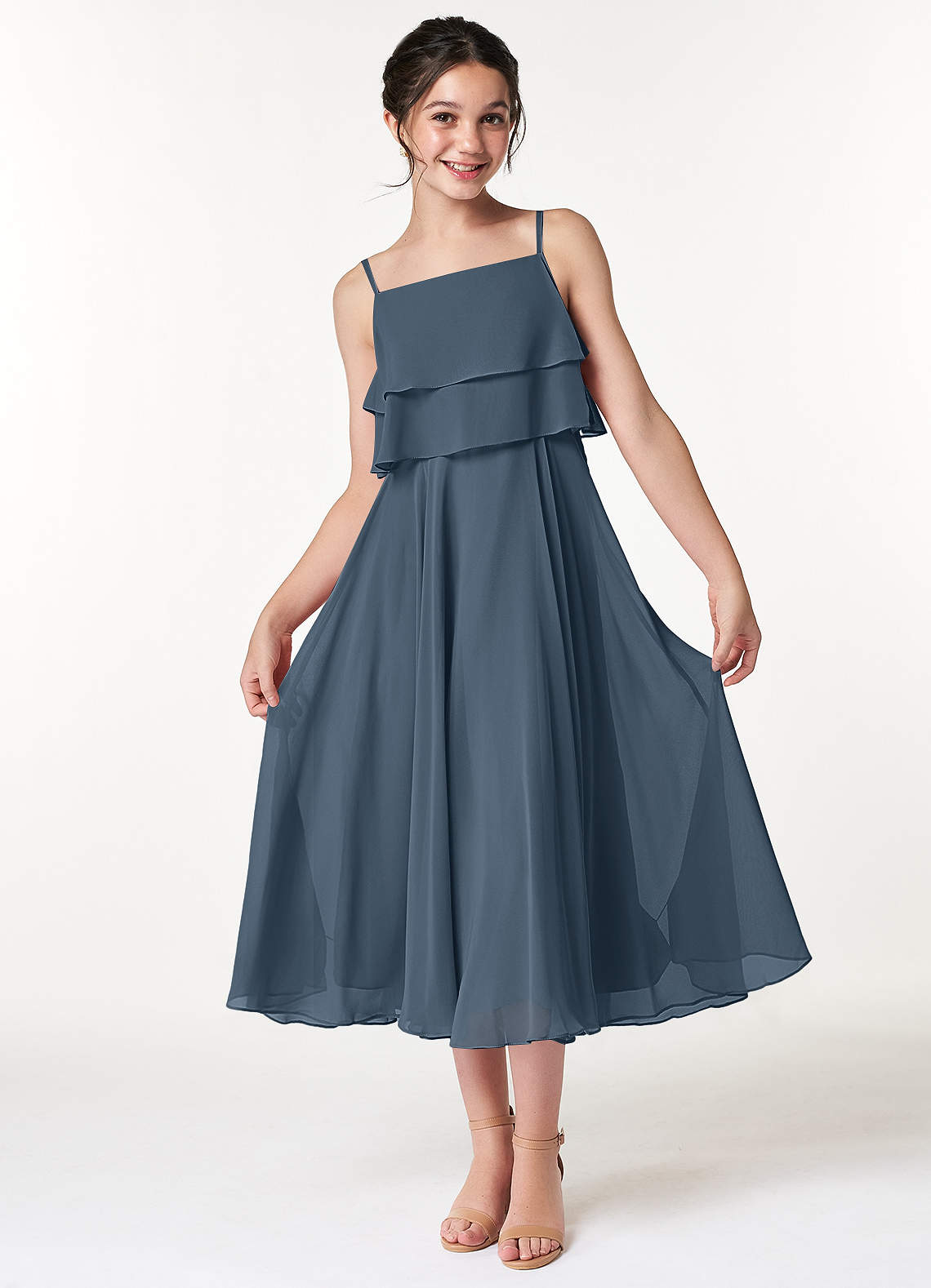 Azazie Ensley Junior Robe Trapèze en Mousseline de soie Plissée Neptune image1