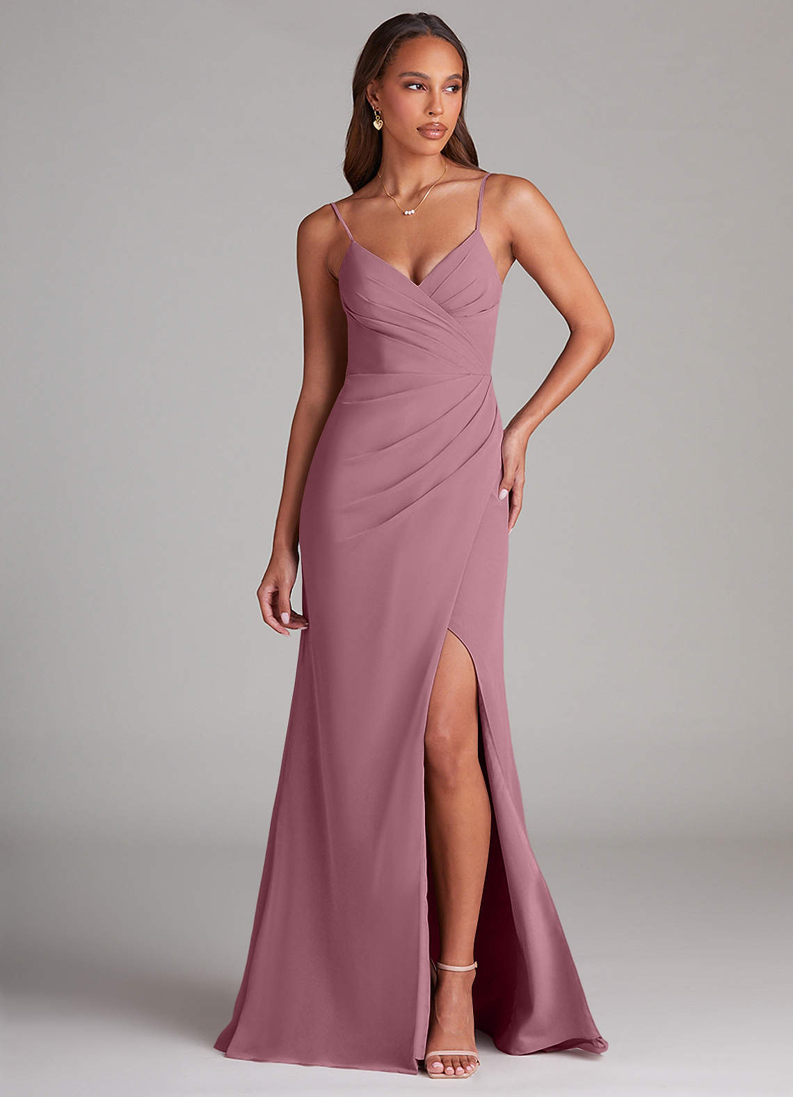 Azazie Maci Bridesmaid Dresses Vintage Mauve Sheath Pleated Chiffon Dress image1