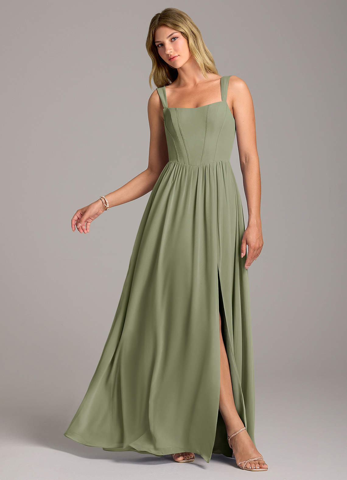 Azazie Rosaline Bridesmaid Dresses Pistachio A-Line Side Slit Chiffon Dress image1