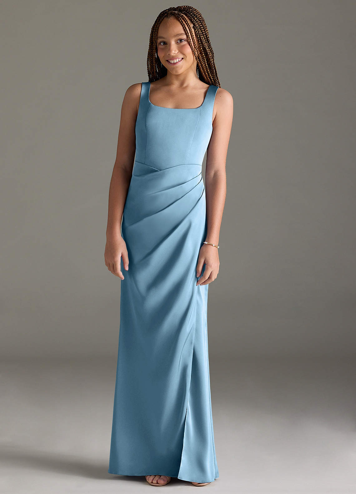 Azazie Mero Junior Steel Blue Mermaid Pleated Stretch Satin Dress image1
