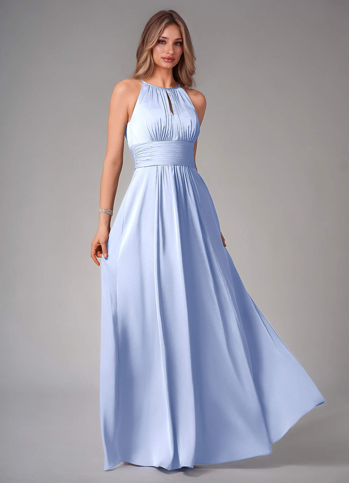 Azazie Bonnie At-home Try On Dresses Dusty Blue A-Line Pleated Stretch Satin Dress image1