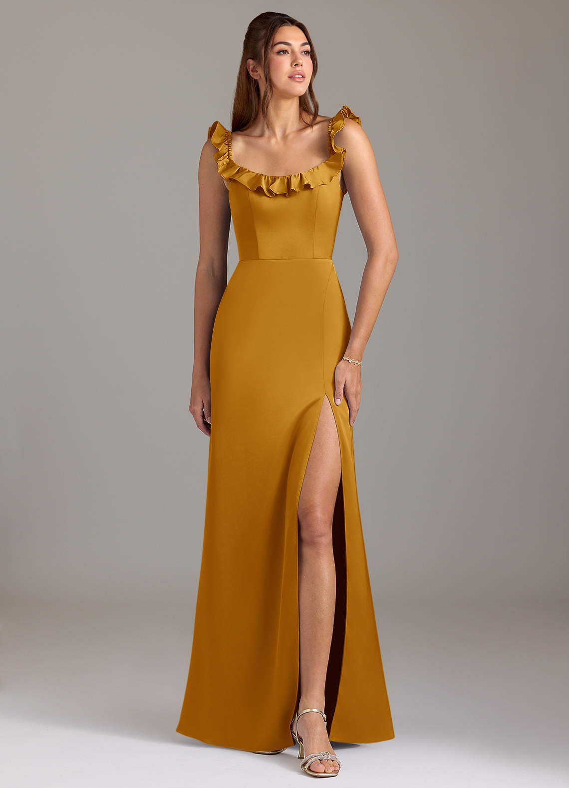 butterscotch bridesmaid dresses AW.Bridal Bridesmaid Dresses Stretch Satin Sweetheart Neckline Floor Length Sleeveless Off the Shoulder Bows Ruching Split Dress Butterscotch Size 4