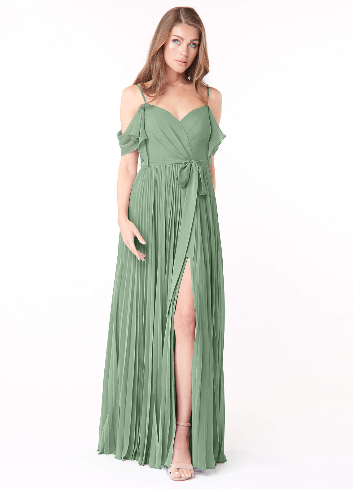 Azazie Lyney Vestidos de damas de honor Vestido de Matcha de Gasa de Corte en A con Vestidos sin tirantes image1