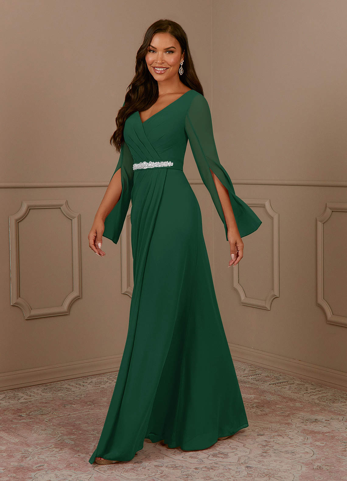 Azazie A Line Princess V Neck Floor Length Chiffon Mother of Groom Bride Dresses Dark Green