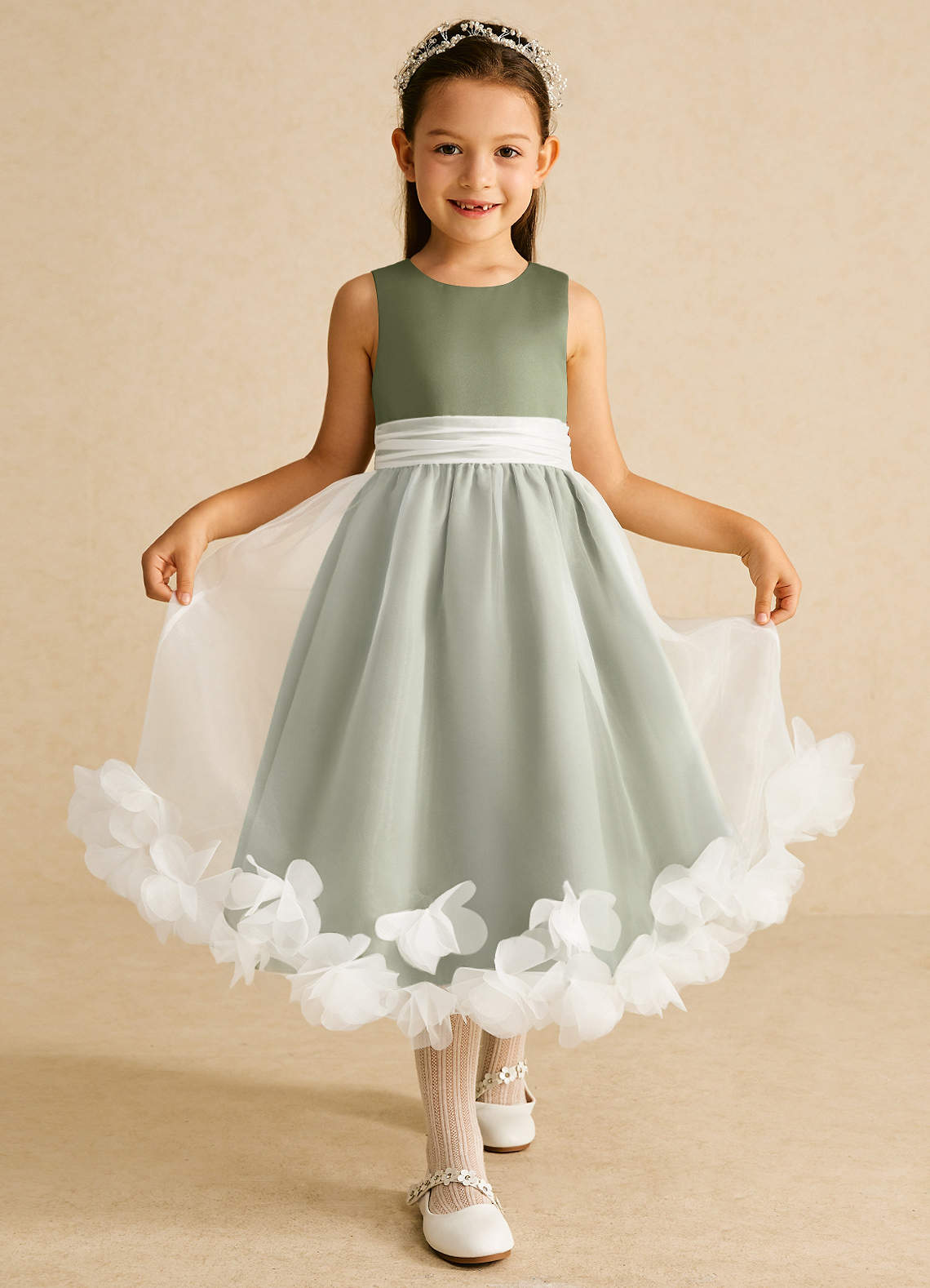 Azazie Stardust Blumenmädchenkleider A-Linie ärmellos Organza Kleid Pistazie image1