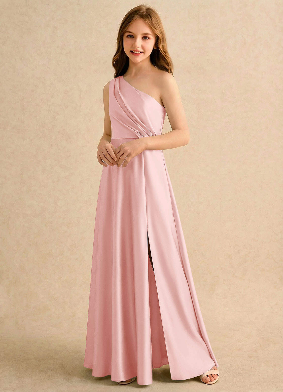 Azazie Puddles Girls Formal Flower Girl Klänningar Klänning A-Line i Stretch Satin One-shoulder image3