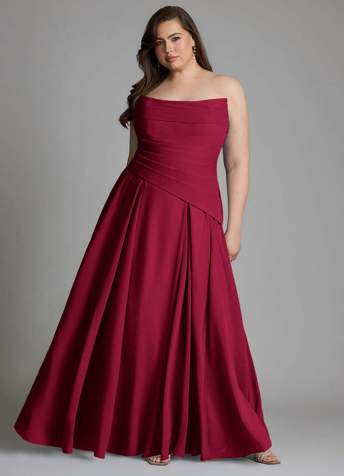Azazie Gabriela At-home Try On Dresses Burgundy A-Line Corset Chiffon Dress image14