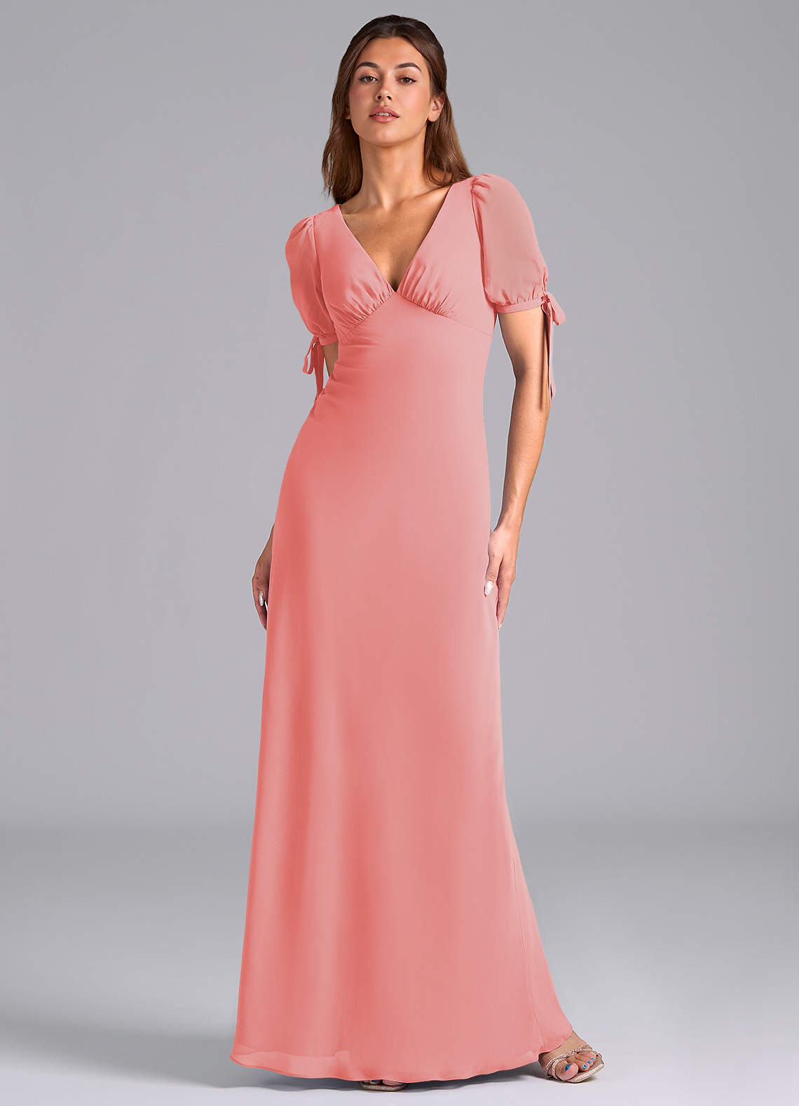 Azazie Pheby Bridesmaid Dresses Coral A-Line Pleated Chiffon Dress image1