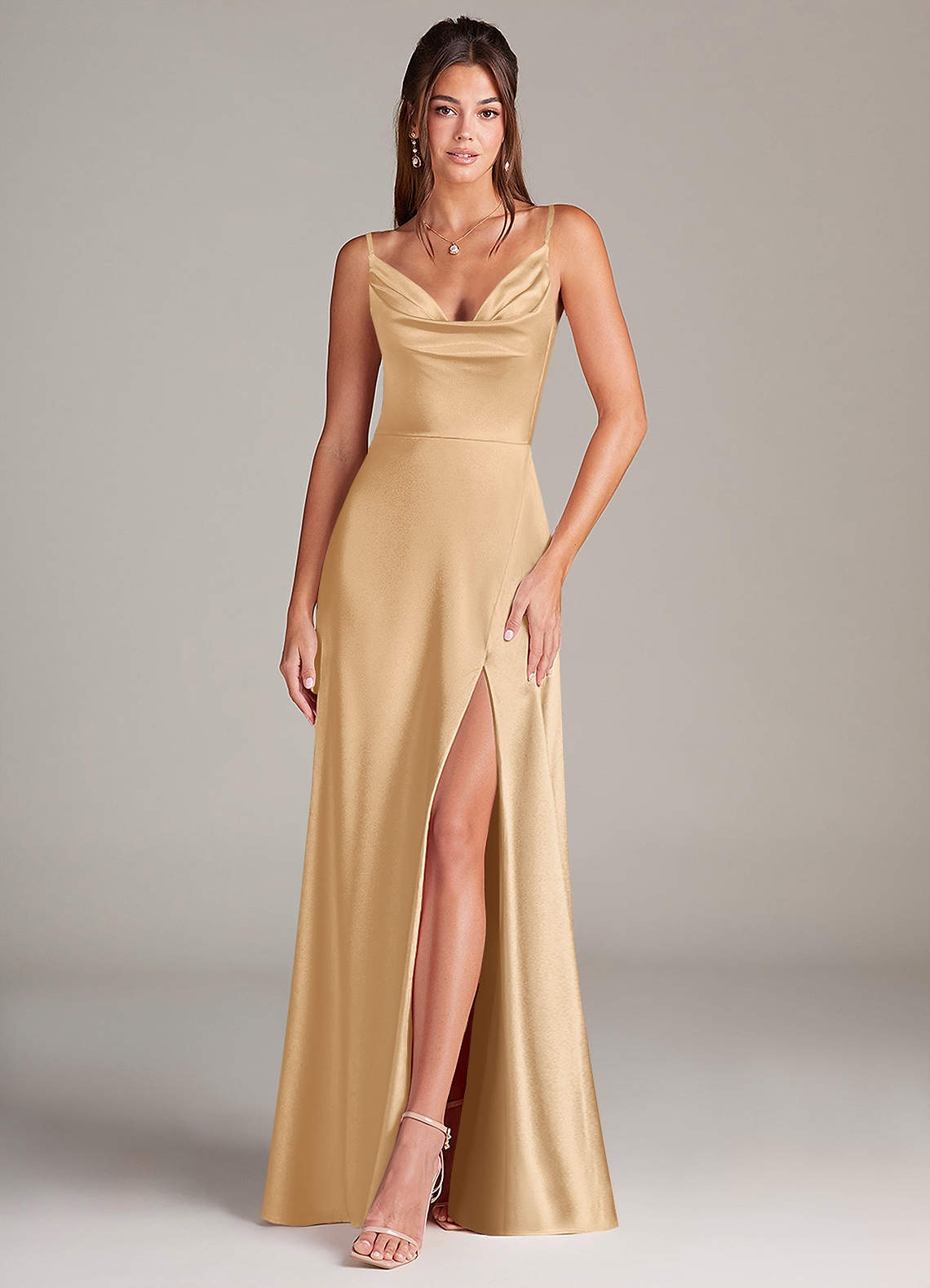 Azazie Sarella Bridesmaid Dresses Gold A-Line Pleated Stretch Satin Dress image1