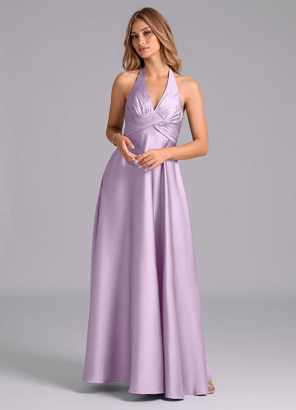 Azazie Tessie Bridesmaid Dresses Frosted Lilac A-Line Pleated Stretch Satin Dress image1