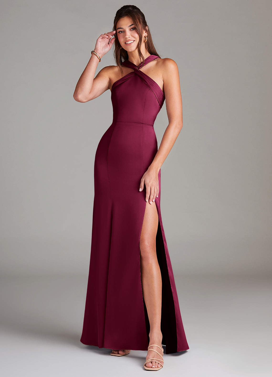 azazie maroon stretch satin dress Azazie Denice