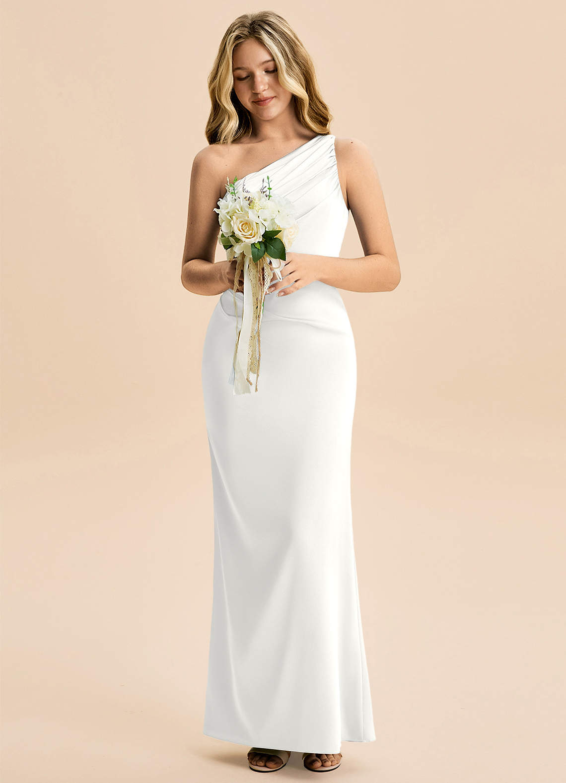 Azazie Akilah Junior White Sheath Pleated Stretch Satin Dress image3