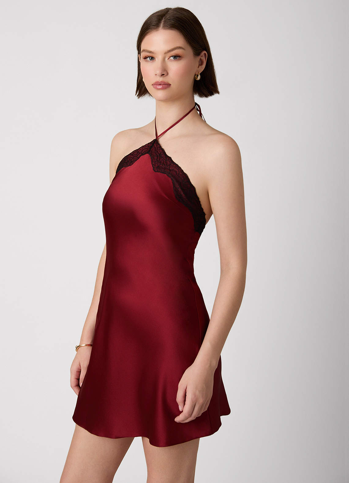 Cayley Burgundy 100% Washable Silk Halter Lace Mini Dress image3