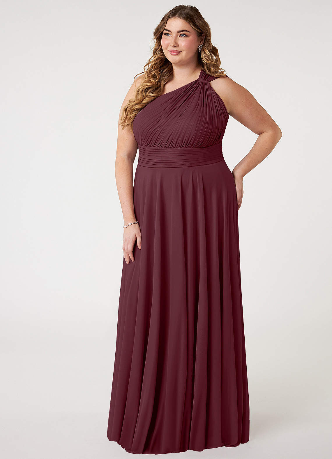 Azazie Charlize Vestidos de damas de honor Vestido de Cabernet de Malla de Corte en A con Hombro unilateral image7