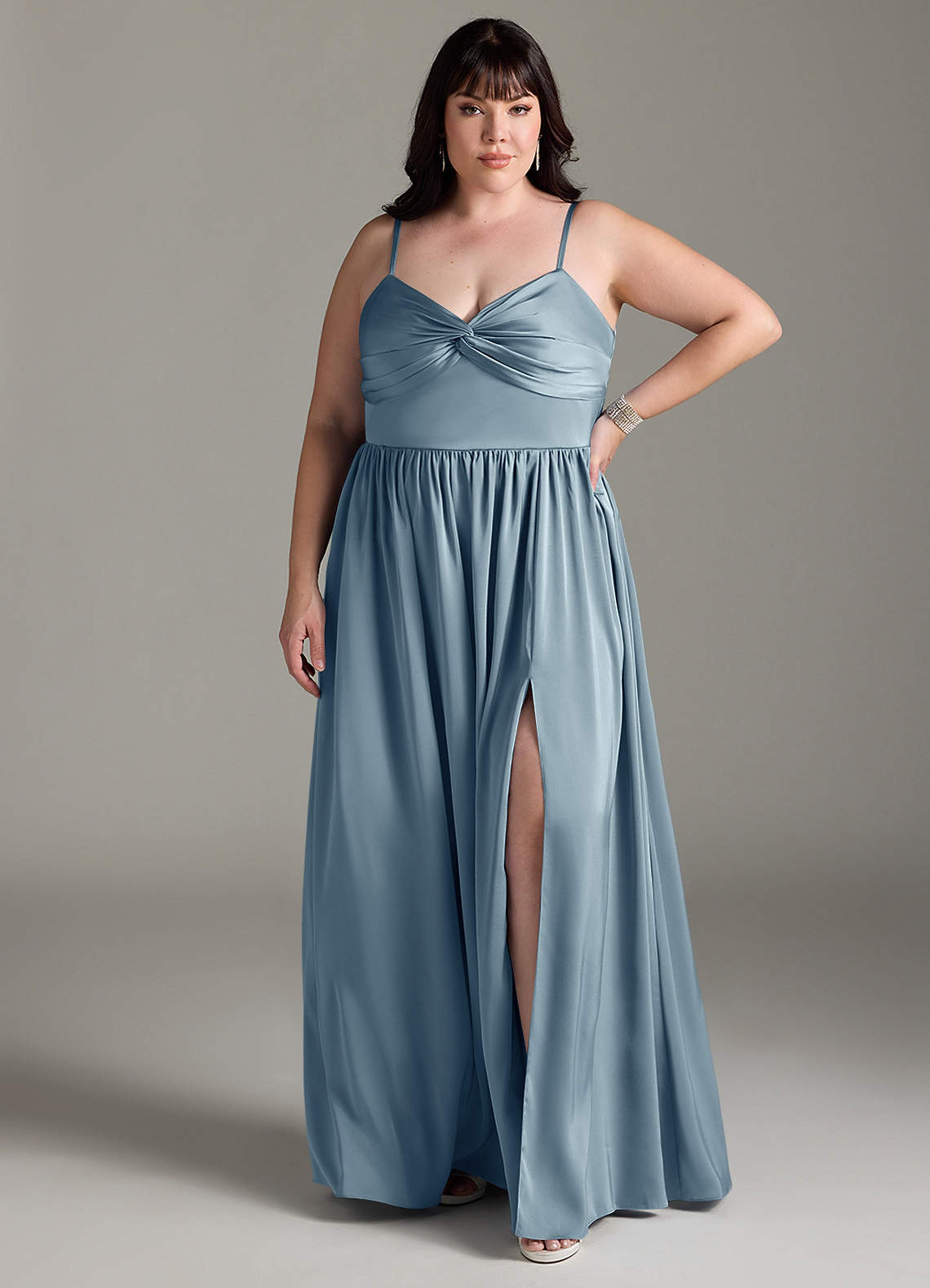 Azazie Zeya Bridesmaid Dresses Dusty Blue A-Line Pleated Stretch Satin Dress image8