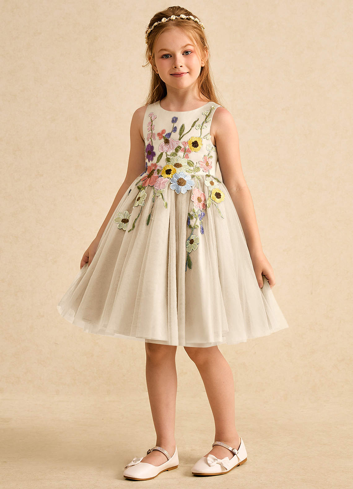 Azazie Prima Flower Girl Dresses Champagne A-Line Bow Tulle Dress image4