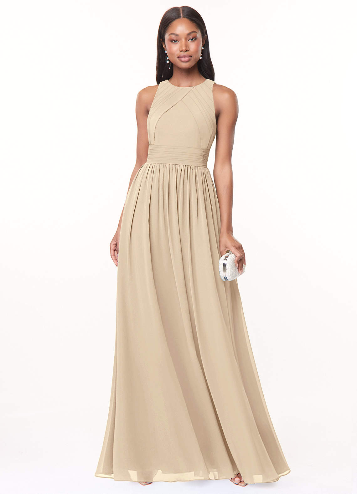 Azazie Harper Bridesmaid Dresses Champagne A-Line Pleated Chiffon Dress image1