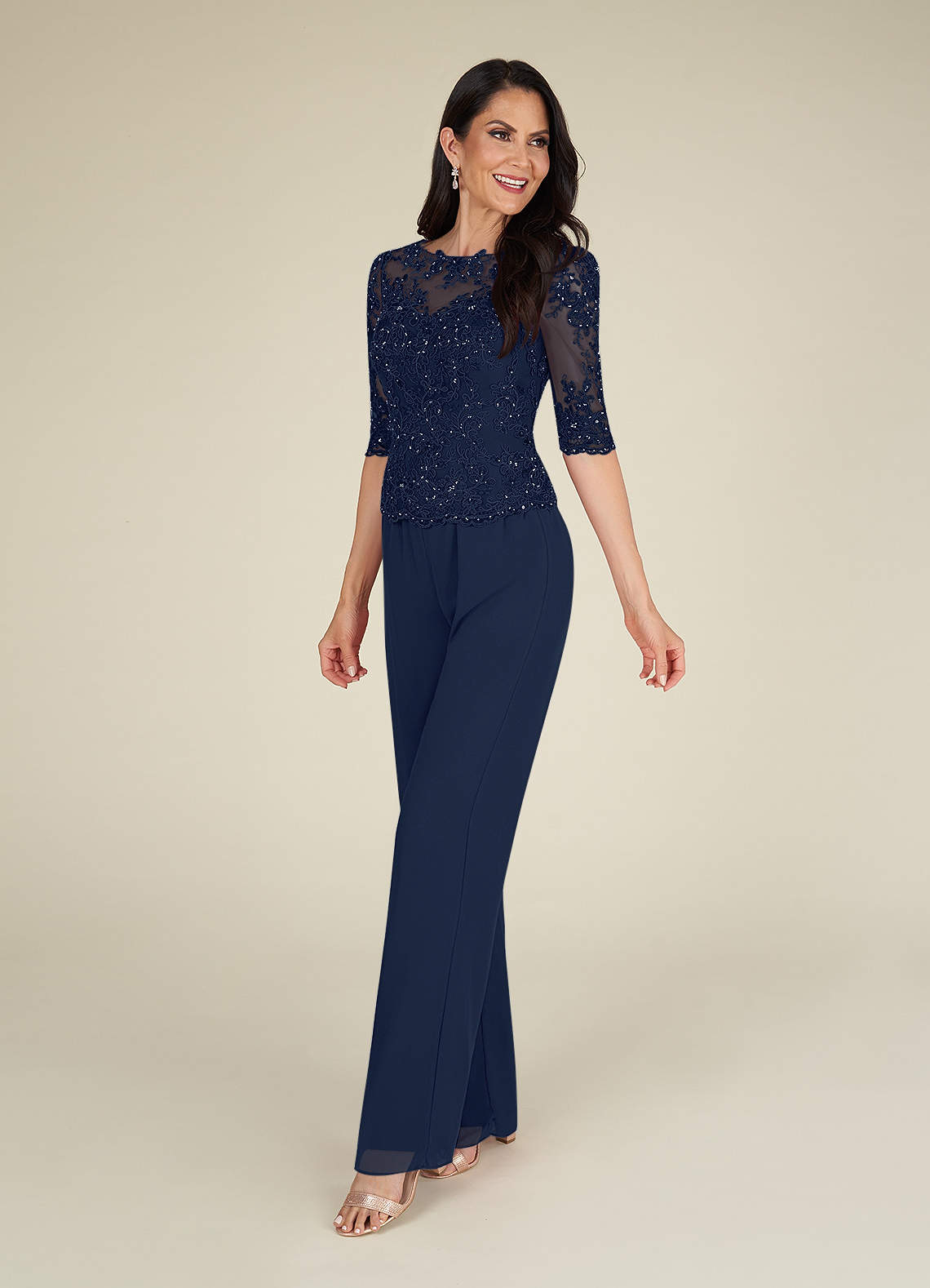 Azazie Florida Abiti per la Madre della Sposa Abito Tuta Pantaloni in Chiffon Lustrini Marino Scuro image4