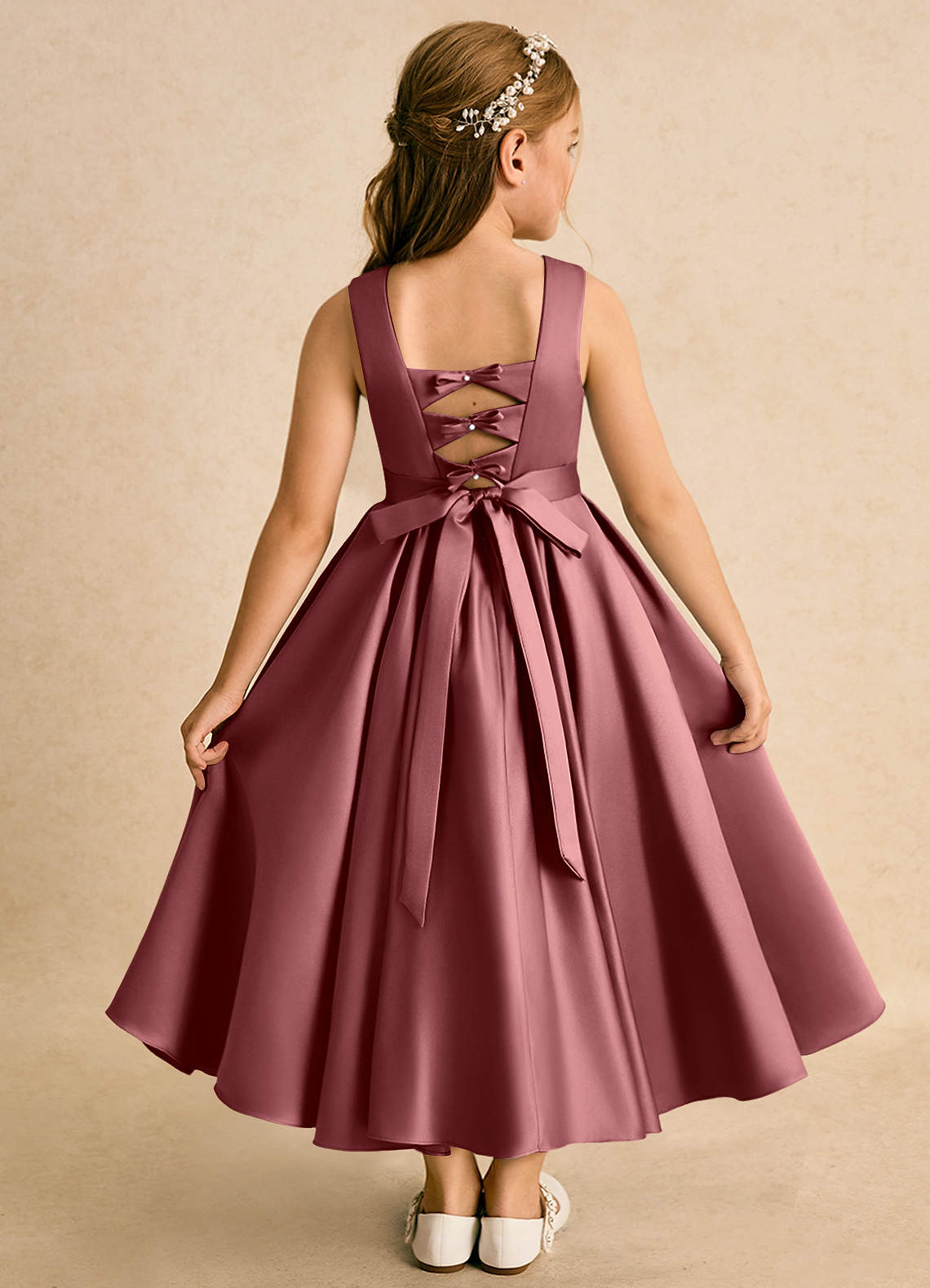 Azazie Junebuj Flower Girl Dresses Amethyst Ball-Gown Pleated Matte Satin Dress image1