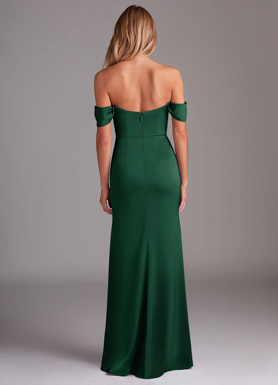 Azazie Saige Bridesmaid Dresses Dark Green Sheath Off the Shoulder Stretch Satin Dress image9