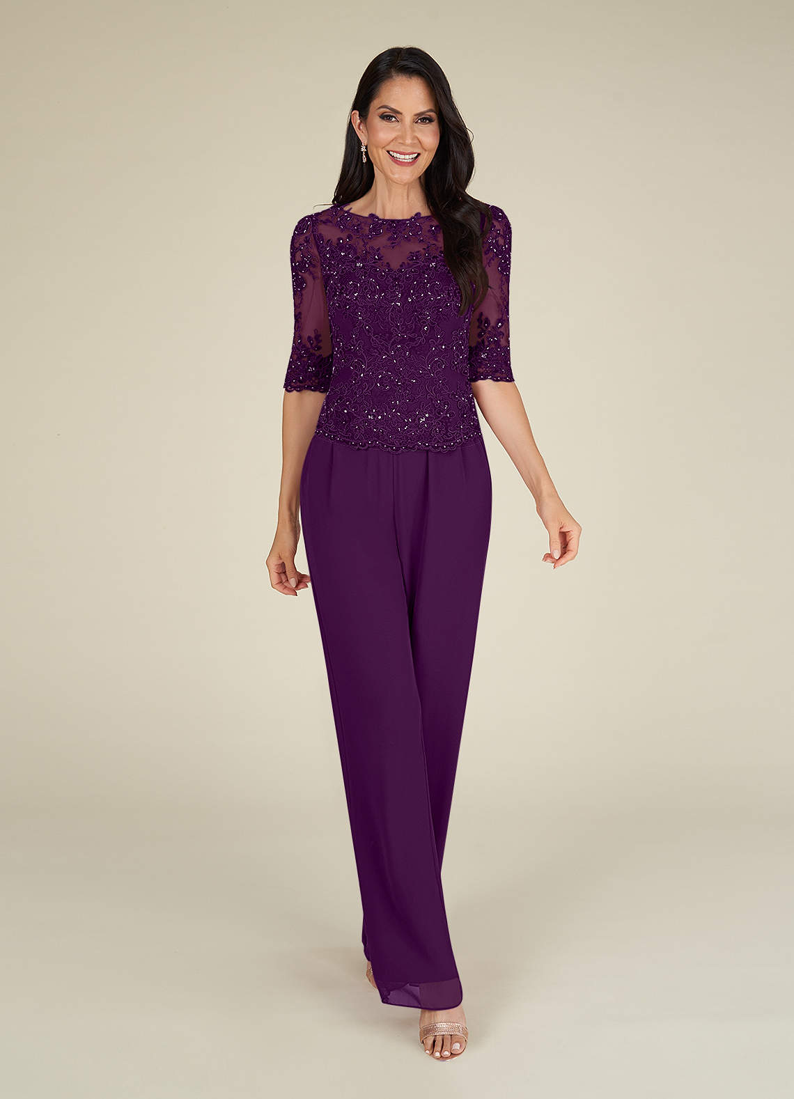 Grape Azazie Florida Sequins Lace Chiffon Jumpsuit/Pantsuit | Azazie