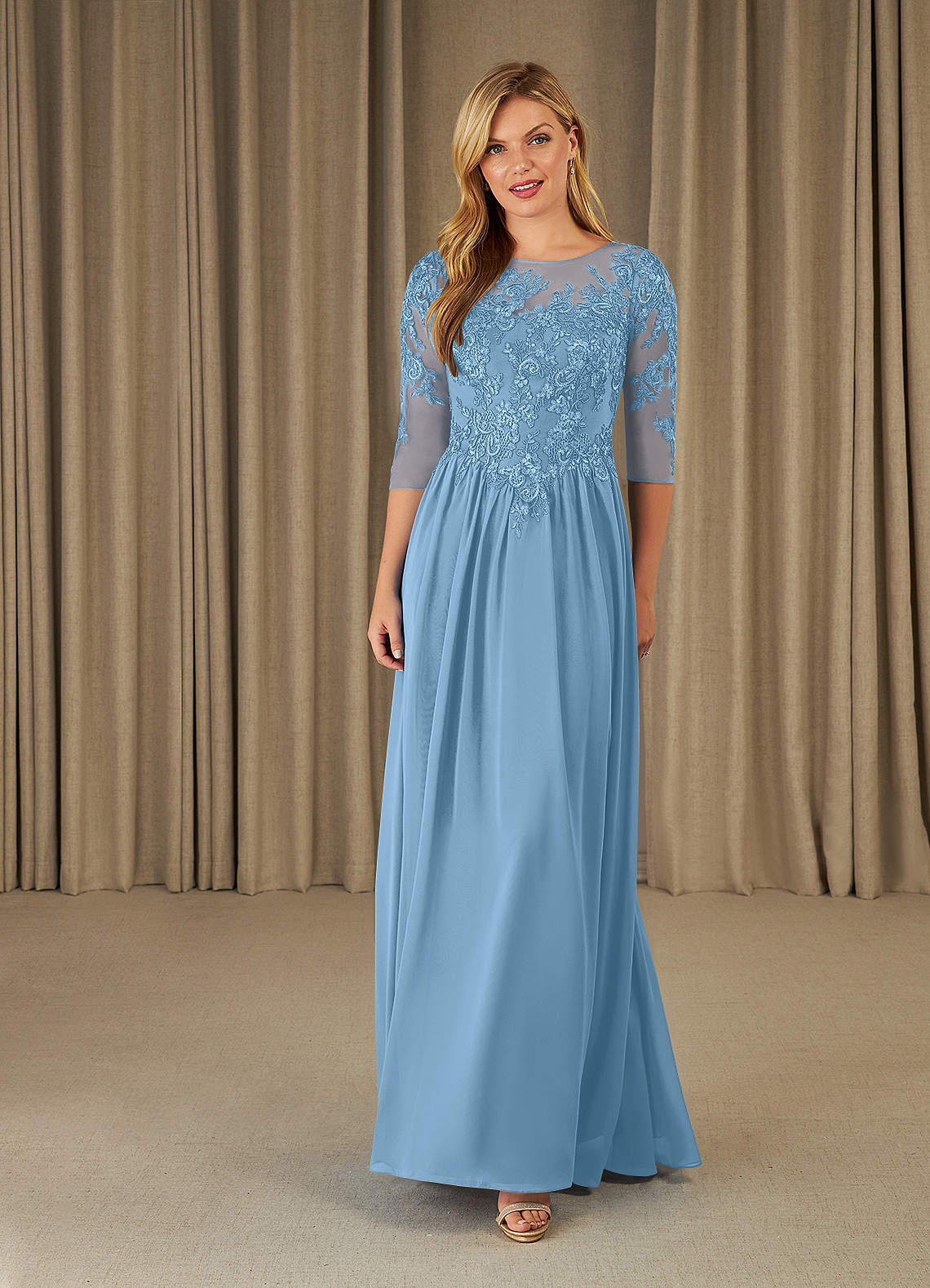Azazie Mirielle Kleider für die Brautmutter A-Linie Schaufel Spitze Chiffon Kleid Stahlblau image1