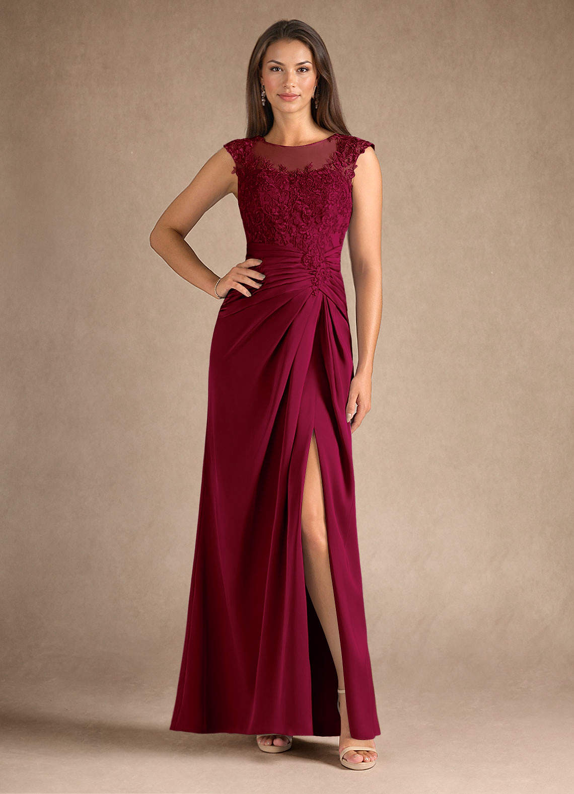 Azazie Santa Barbara Burgundy Sheath Pleated Stretch Satin Dress | Azazie Azazie Santa Barbara Burgundy Sheath Pleated Stretch Satin Dress | Azazie