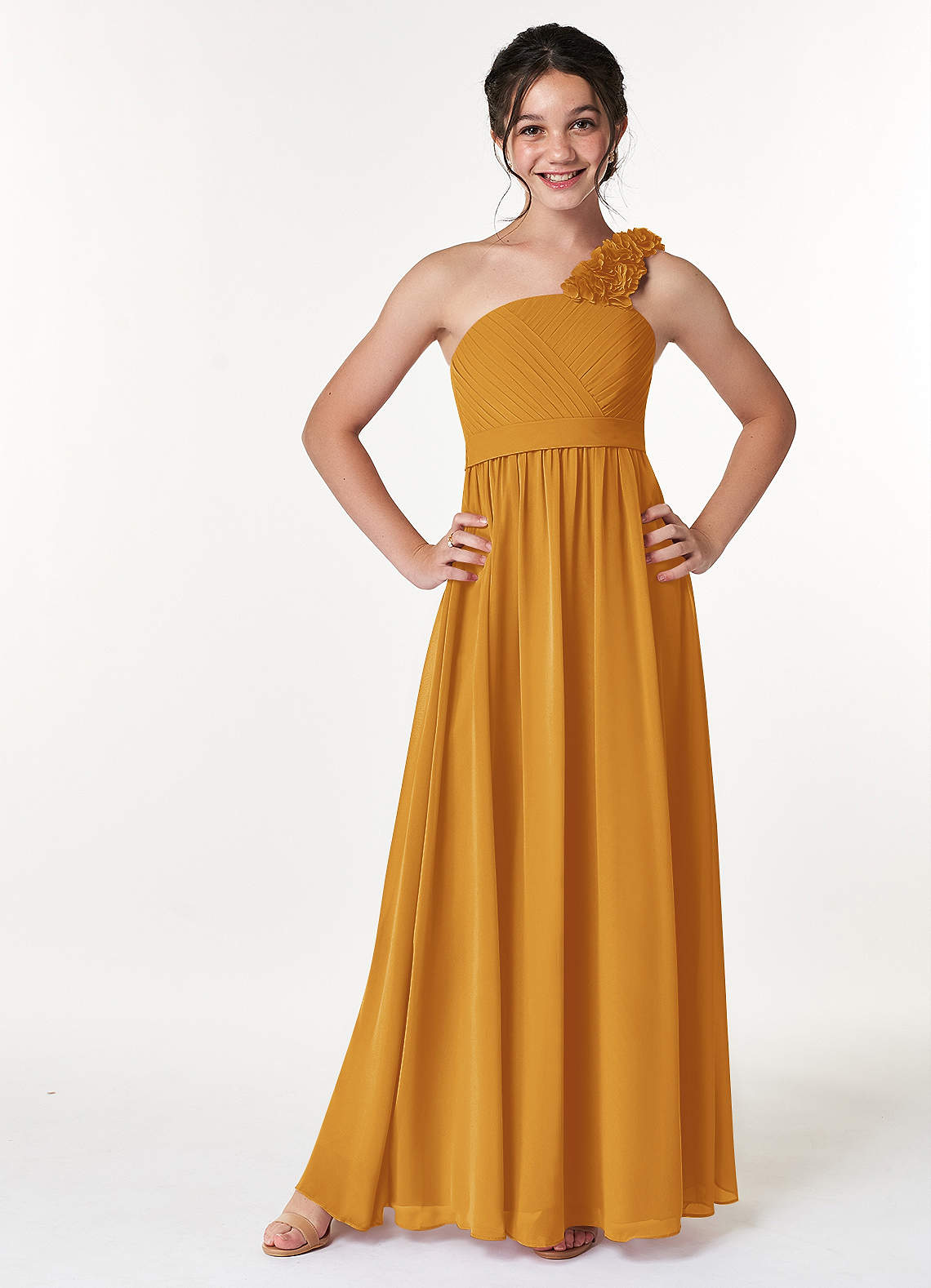 Azazie Flower Junior Butterscotch A-Line Pleated Chiffon Dress image1