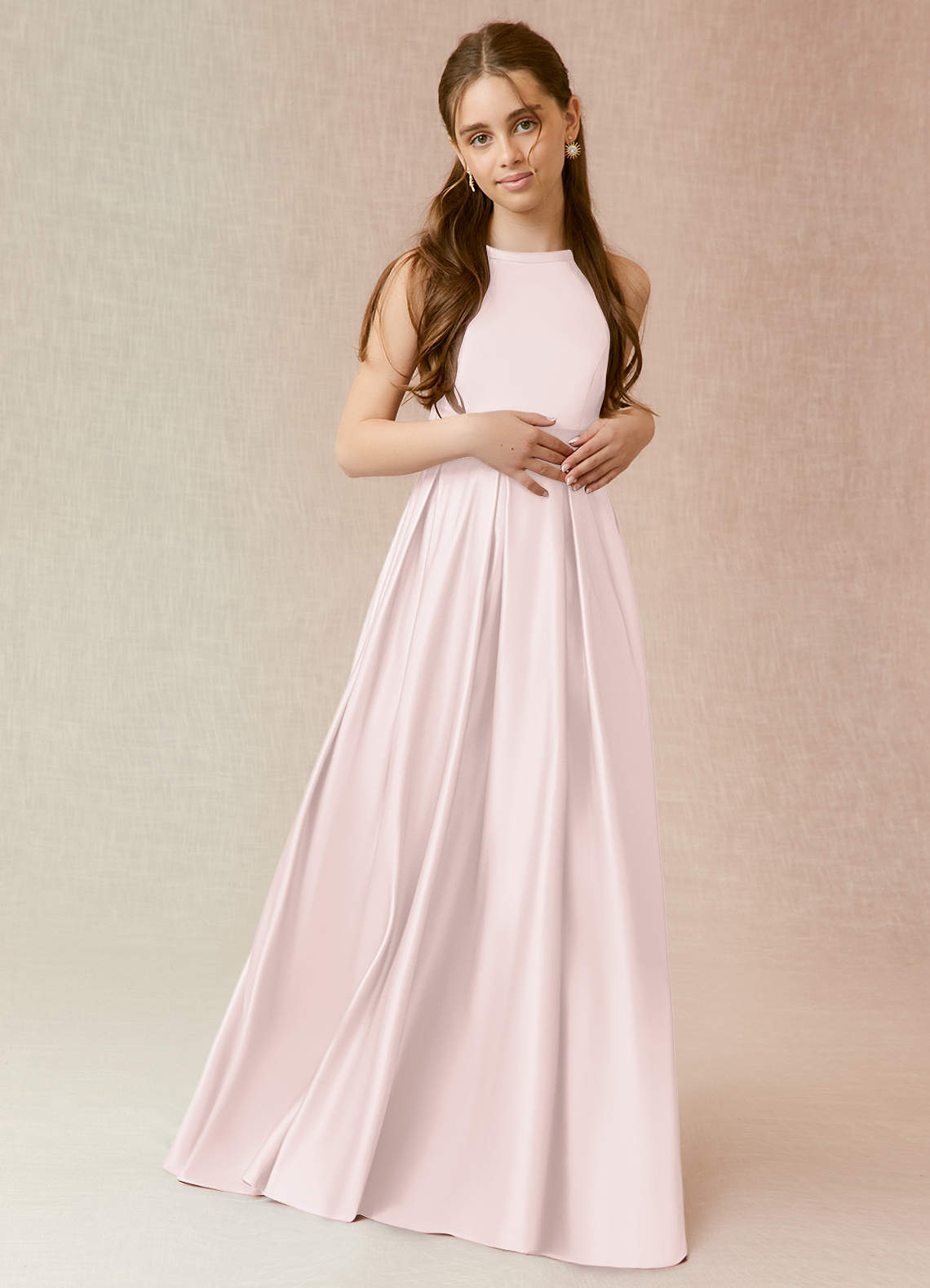 Azazie Arianthe Junior Blushing Pink A-Line with Pockets Matte Satin Dress image1