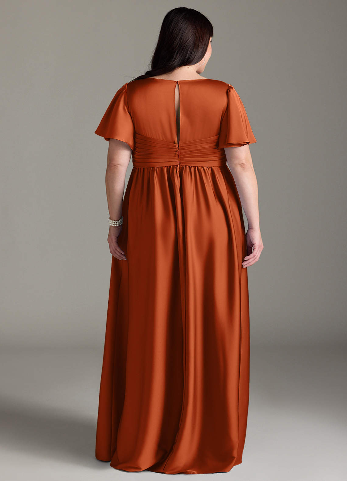 Azazie Verna At-home Try On Dresses A-Line Ruched Stretch Satin Floor-Length Dress image10