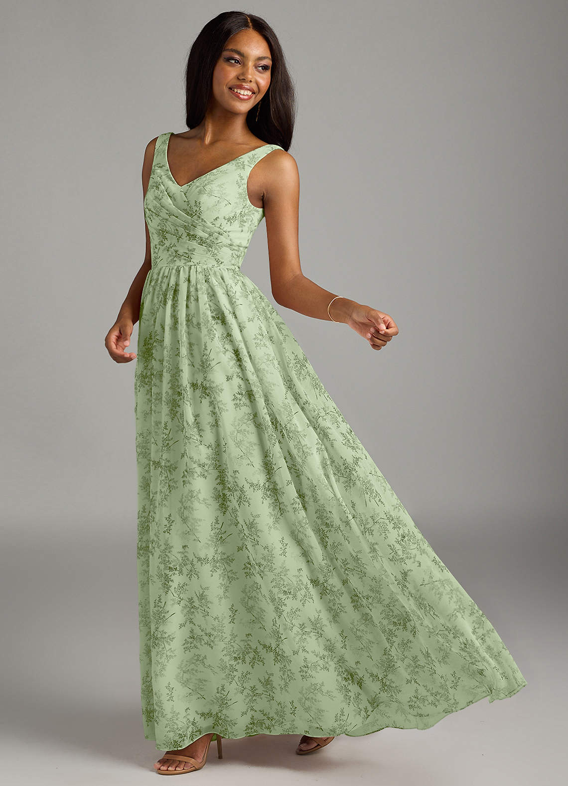 Azazie A Line V Neck Floor Length Chiffon Bridesmaid Dresses Green Fern Floral