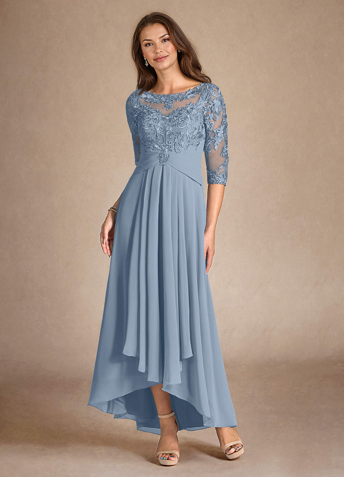 Azazie Marietta At-home Try On Dresses Dusty Blue A-Line Lace Dress image5