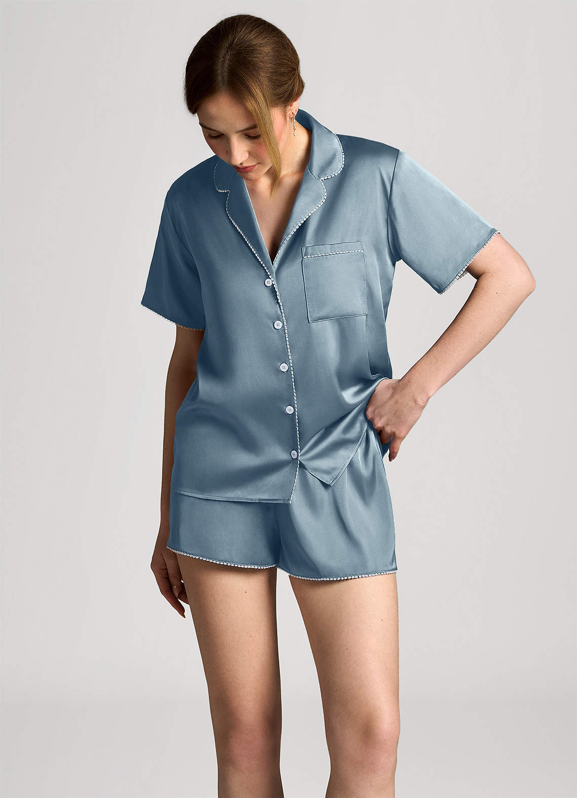 front Satin Lurex Trim Short Sleeve Pajama Set