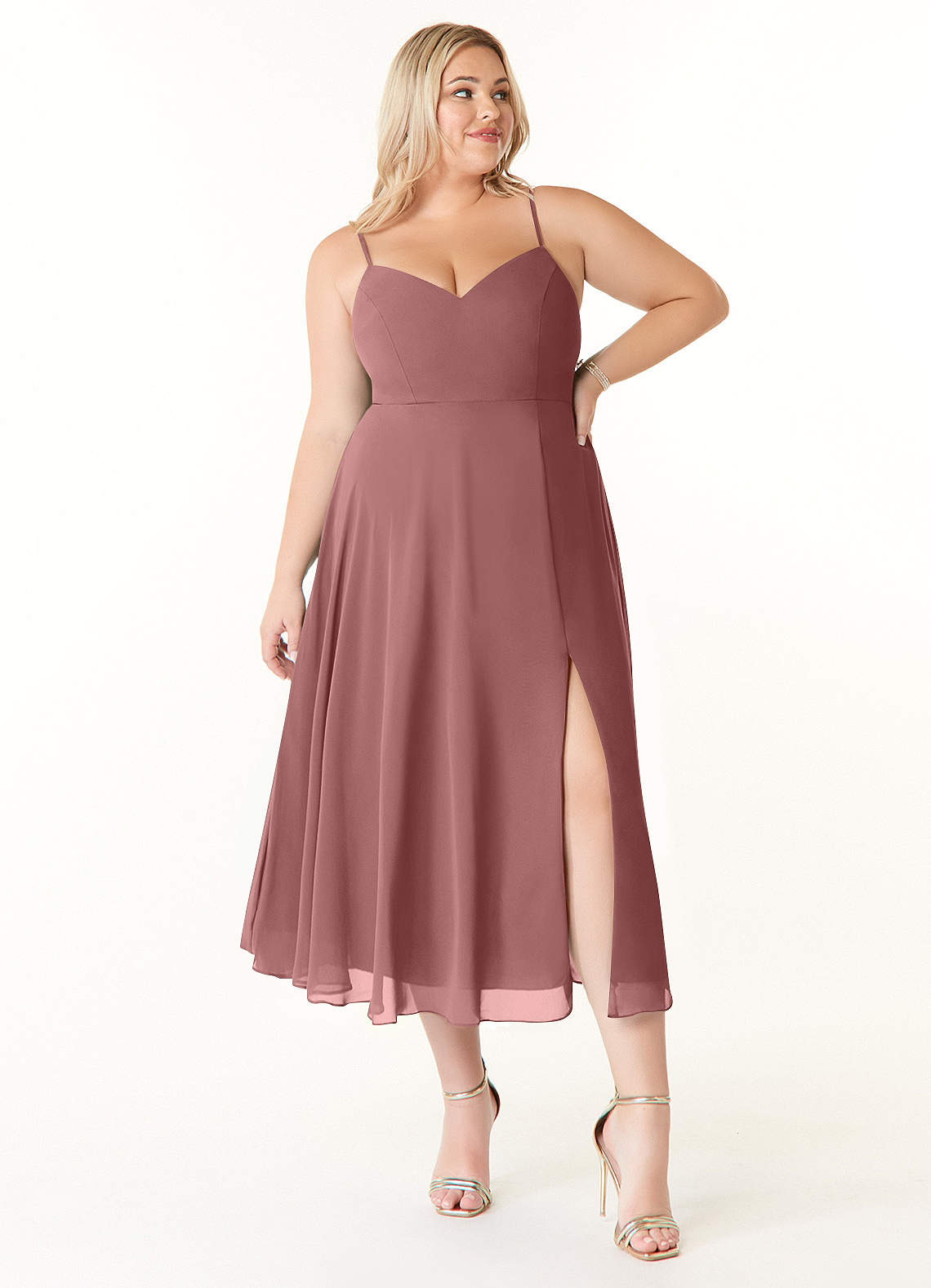 Azazie Clarissa Bridesmaid Dresses Desert Rose A-Line V-Neck Chiffon Dress image1