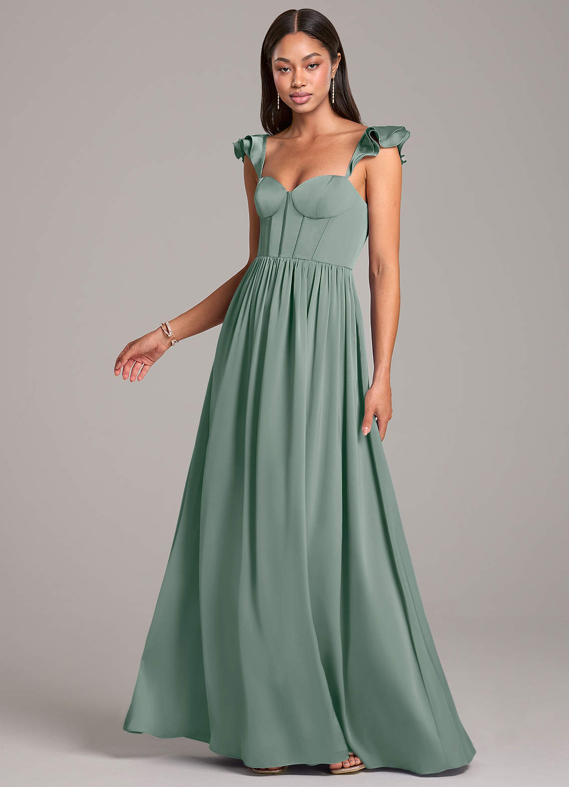 Azazie Denisse Kleider zum Anprobieren zu Hause A-Linie Gestreift Stretch-Satin Kleid Staubblau image2