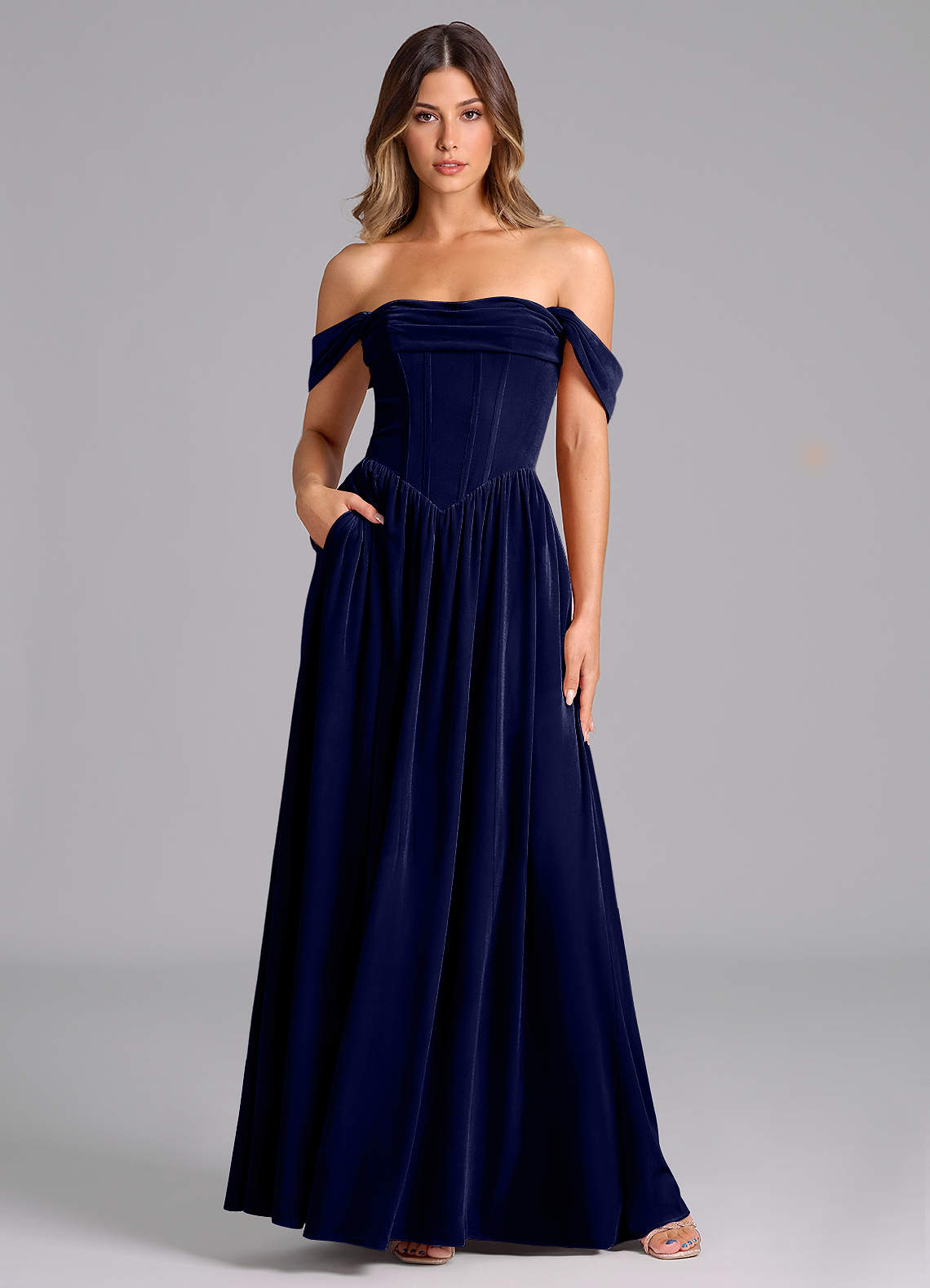 Azazie Hattie Bridesmaid Dresses Dark Navy A-Line Ruched Velvet Dress image1