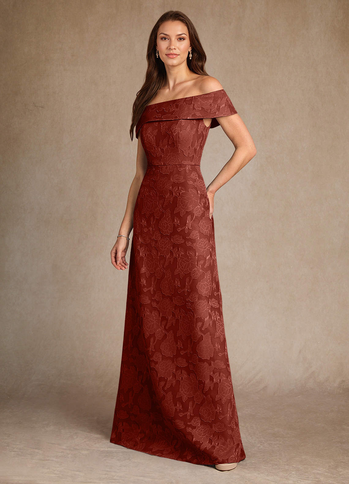 Azazie Medford Terracotta A-Line Off the Shoulder Floral Burnout