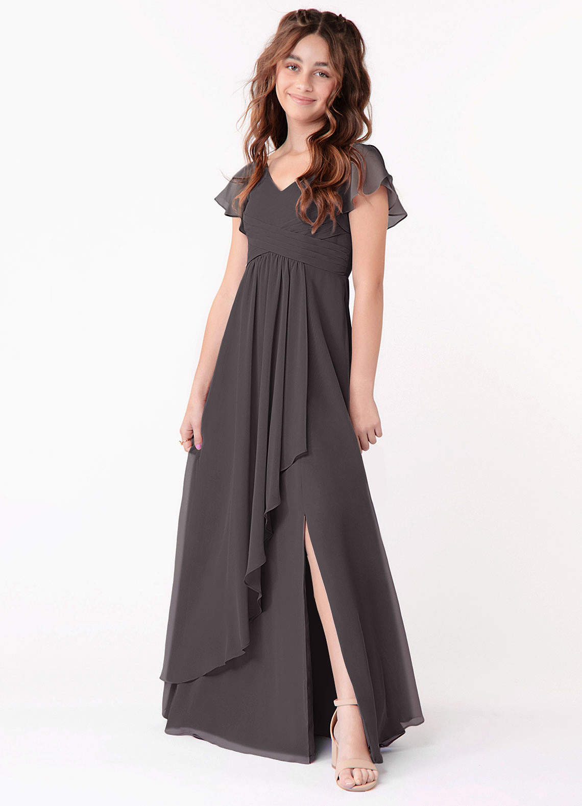 Azazie Omari Junior Steel Grey A-Line Ruched Chiffon Dress image1