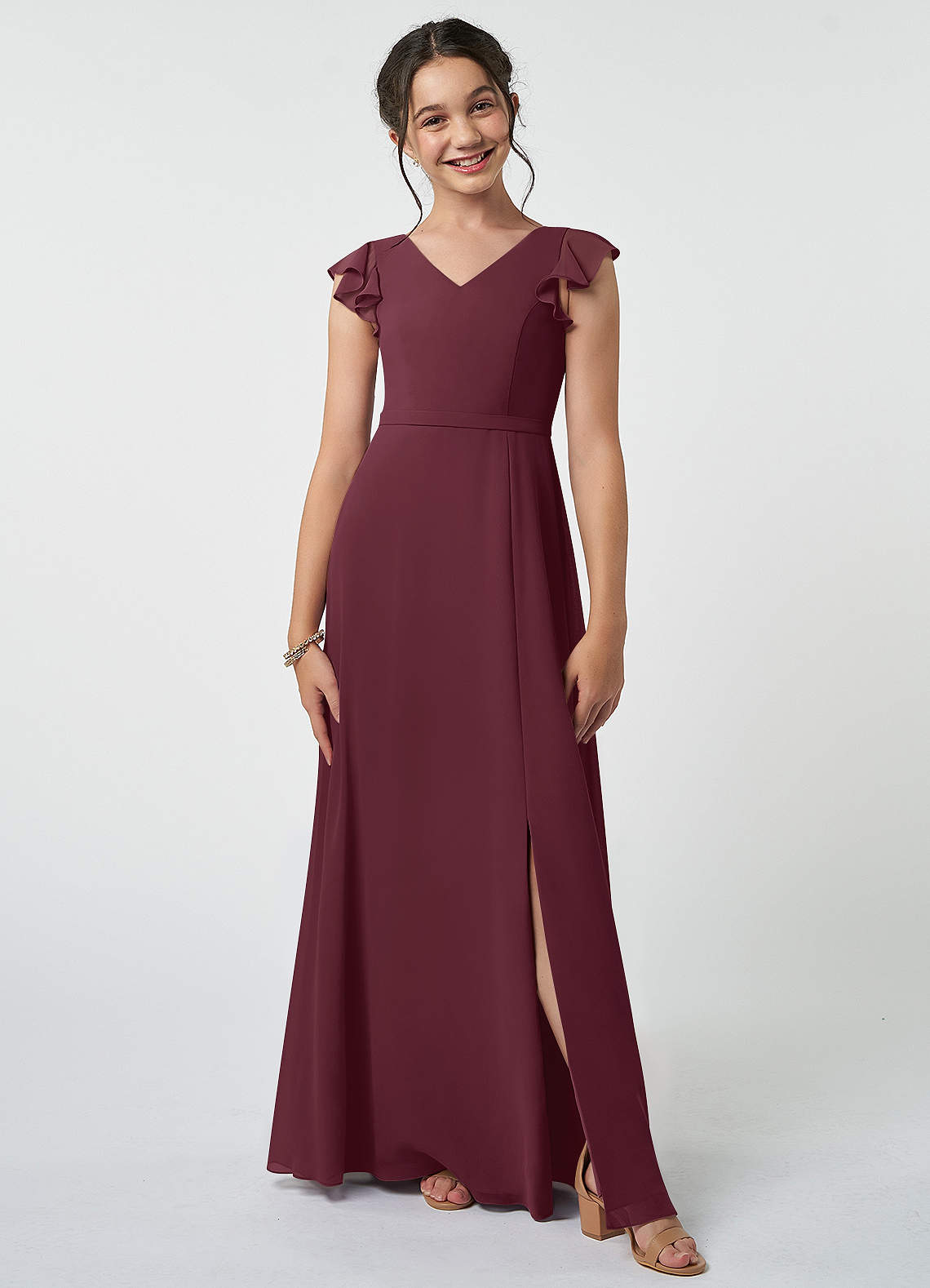 Azazie Claudine Junior Cabernet A-Line Pleated Chiffon Dress image1