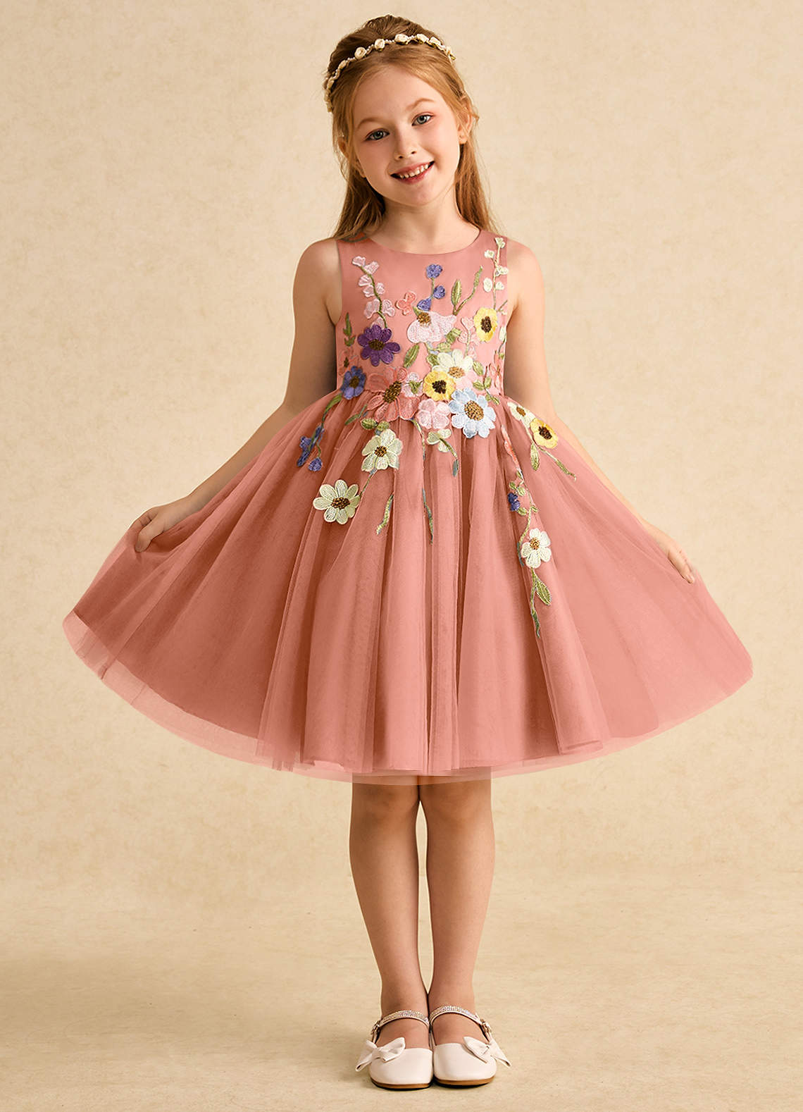 Azazie Prima Robe Demoiselle D'honneur Fillette Robe Trapèze en Tulle Arc Mai Tai image1