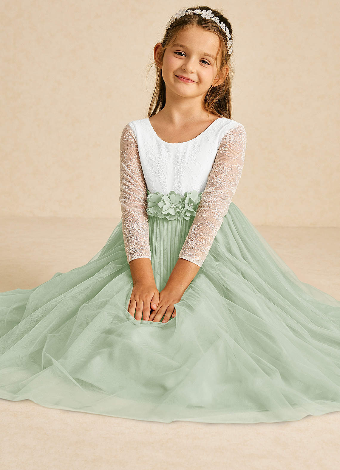 Azazie Mae vestidos de niña de las flores Vestido de Marfil Salvia Polvorienta de Tul de Corte En A con Lazo image1