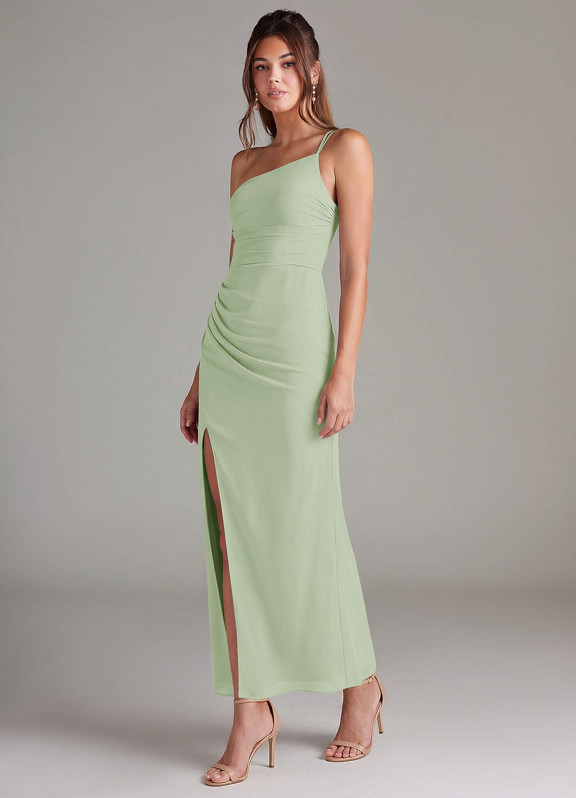 Azazie Eren Brautjungfernkleider Meerjungfrau-Linie One-Shoulder Chiffon Kleid Staubiger Salbeigrün image4