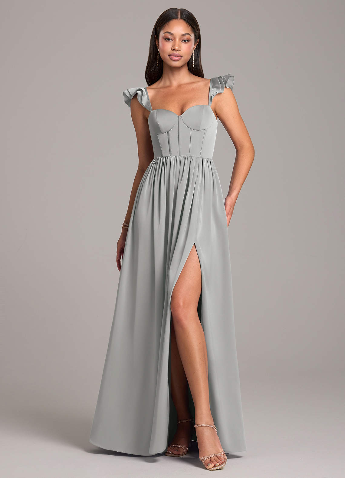 Azazie Denisse Brudtärnklänningar Klänning av A-Linje i Stretch Satin Ruched Silver image1