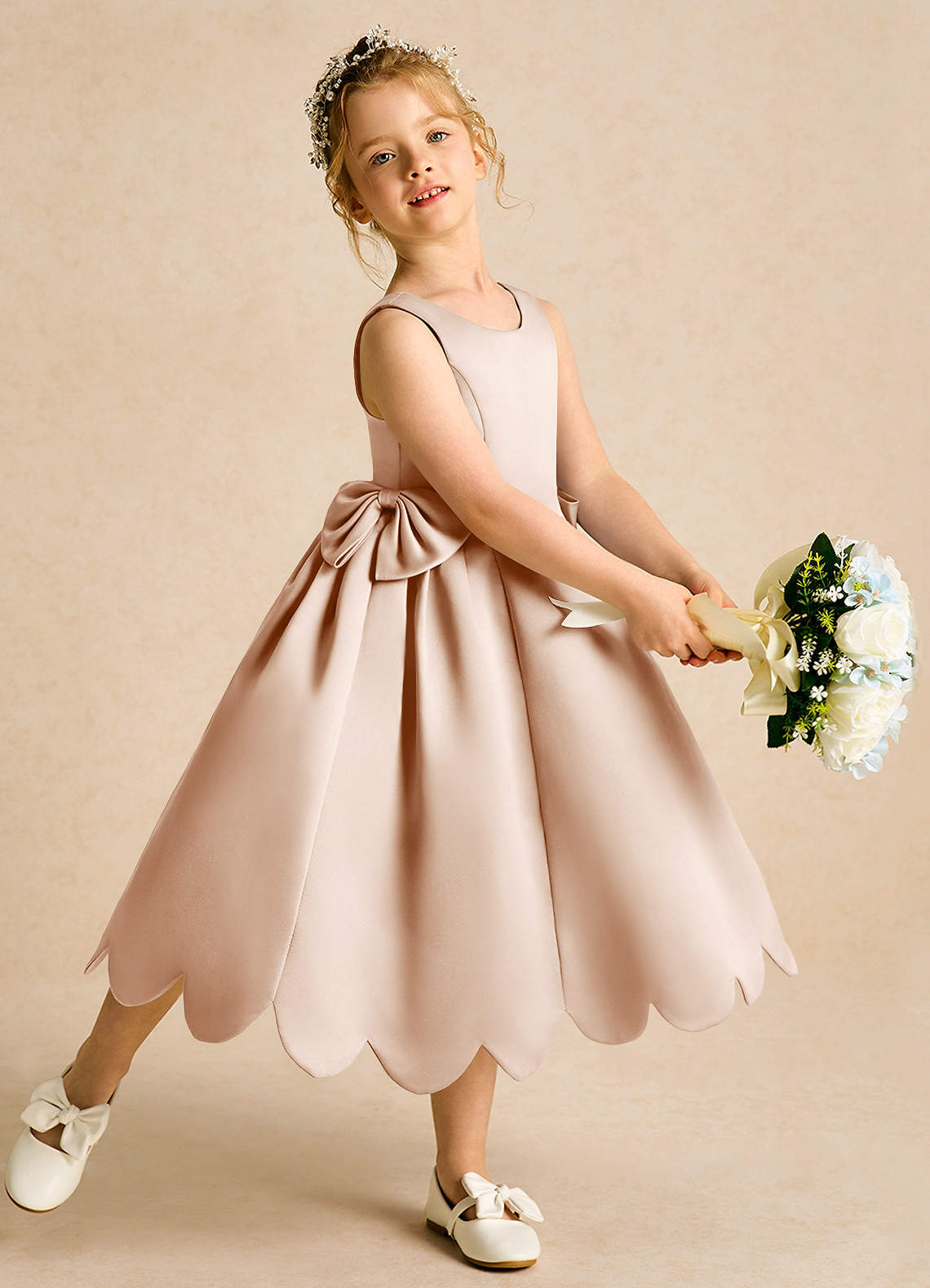 Azazie Macaroon vestidos de niña de las flores Vestido de Rosa Inglesa de Satin Mate de Princesa con Lazo image1