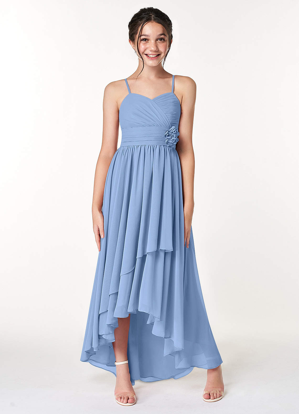 Azazie Catalina Junior Steel Blue A-Line Ruched Chiffon Dress image3