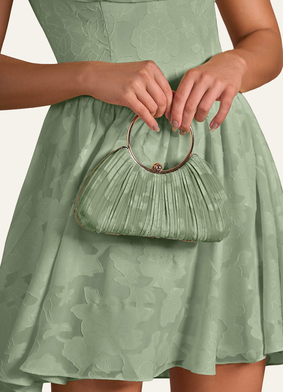 front Matching Color Floral Burnout Pleated Handbag