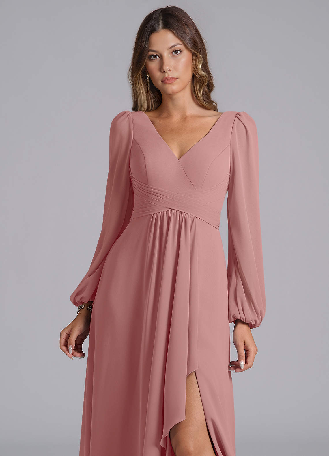 chinese dress ladies Wedtrend Women Dusty Rose Bridesmaid Dress with Slit Long Sleeve Ruched A Line Wedding Guest Dress, Dusty Rose / US20W