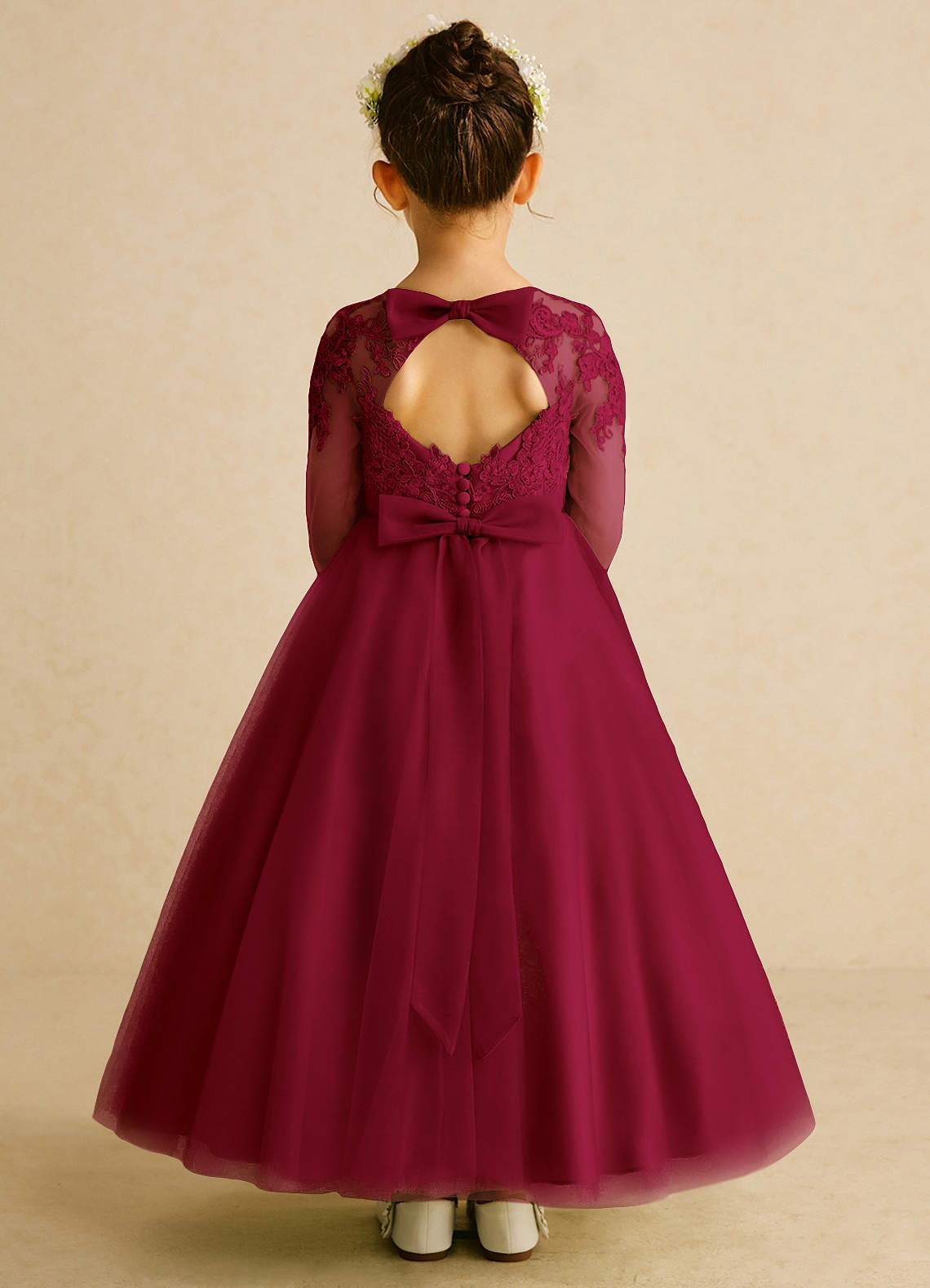 Azazie Precious Flower Girl Dresses Burgundy A-Line Lace Tulle Dress image1