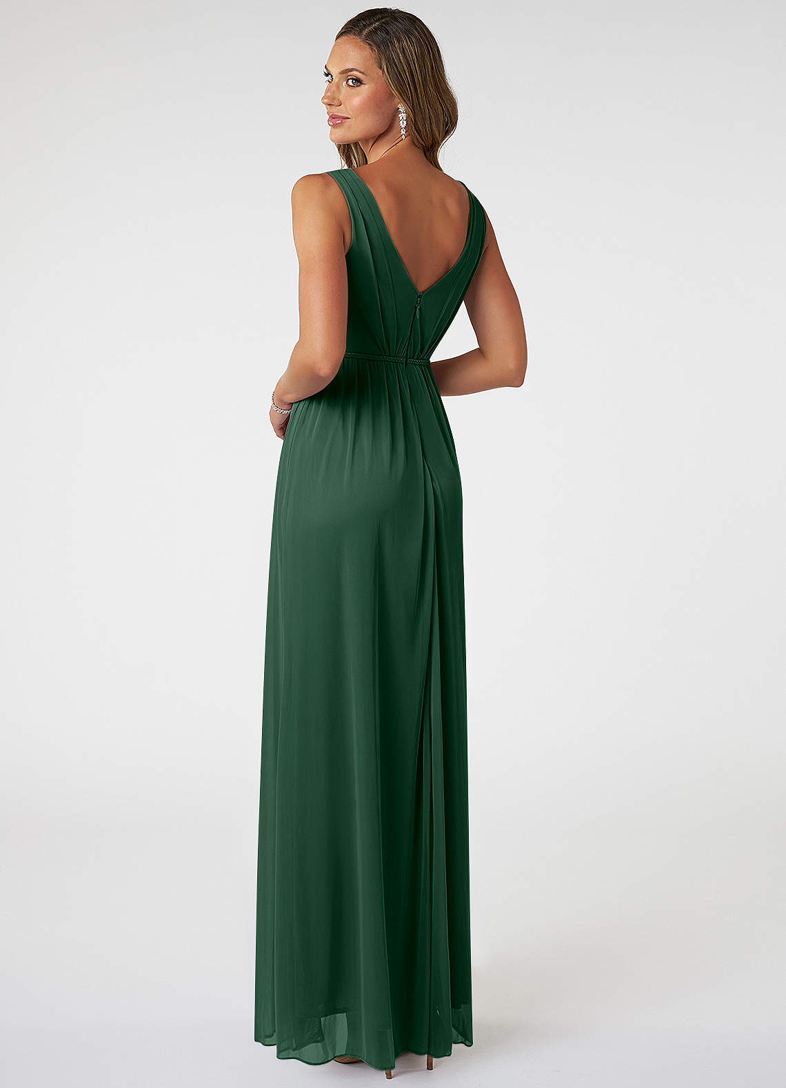 Azazie Tanicia Bridesmaid Dresses Dark Green A-Line V-Neck Pleated Mesh Dress image3