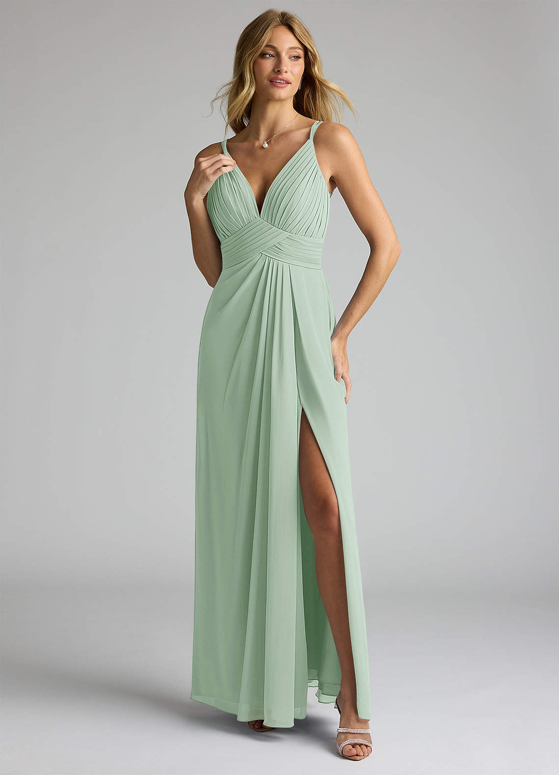 Azazie Maren Allure Bridesmaid Dresses Agave A-Line V-Neck Lace Chiffon Dress image1